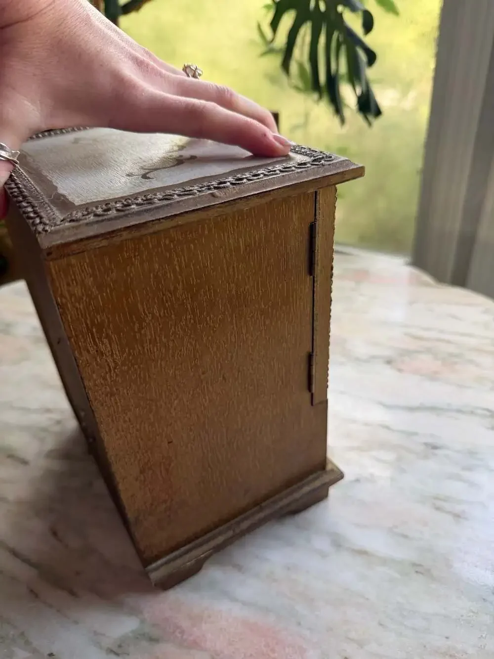 Vintage Florentine Wooden Miniature Armoire Jewelry Box with Romantic Scene Pane